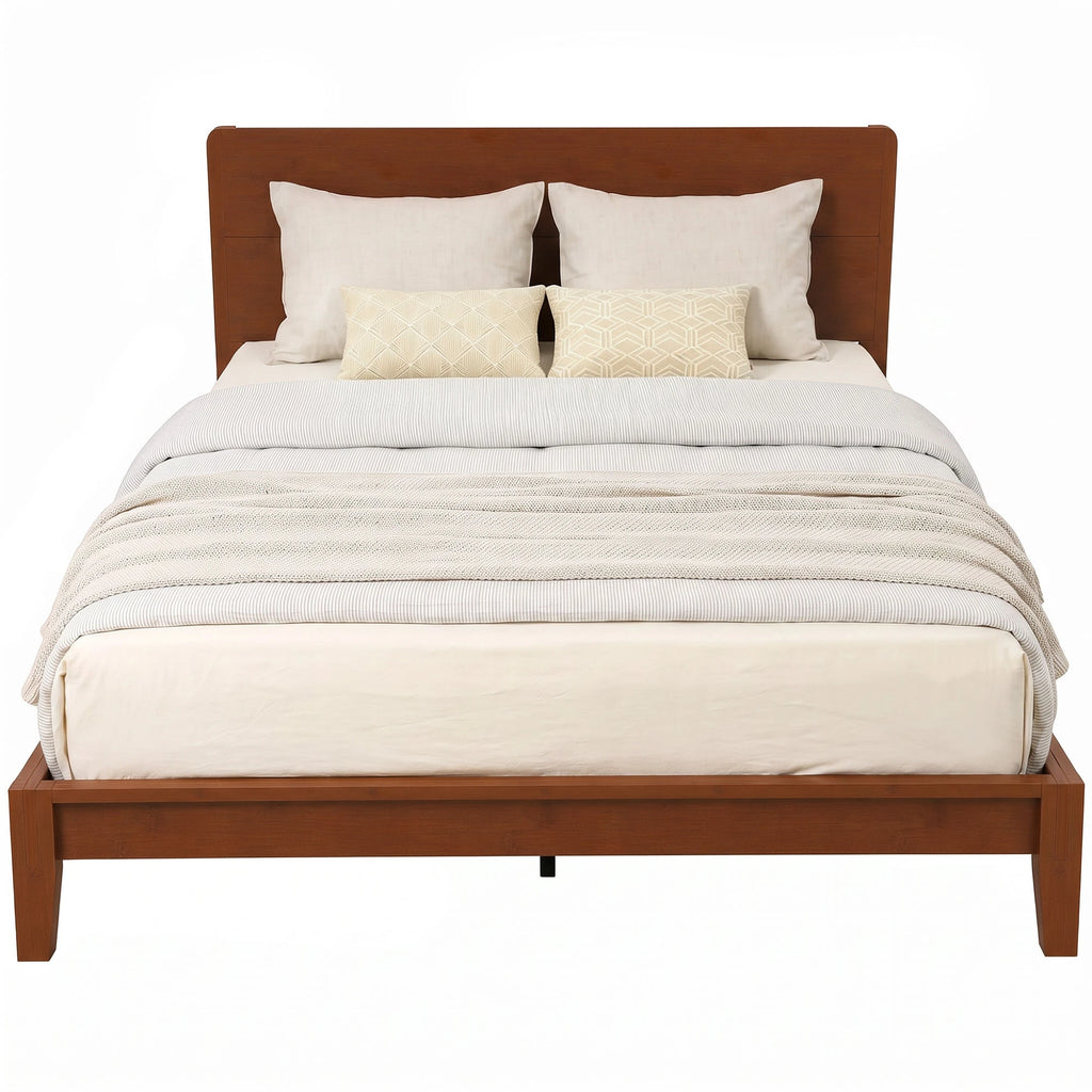 Bambelle queen platform bed with a bamboo headboard and white duvet