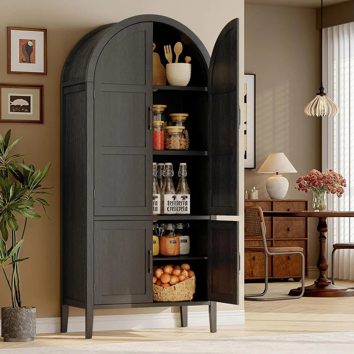 Serenadesong black pantry cabinet with upper and lower doors partly open across five storage levels