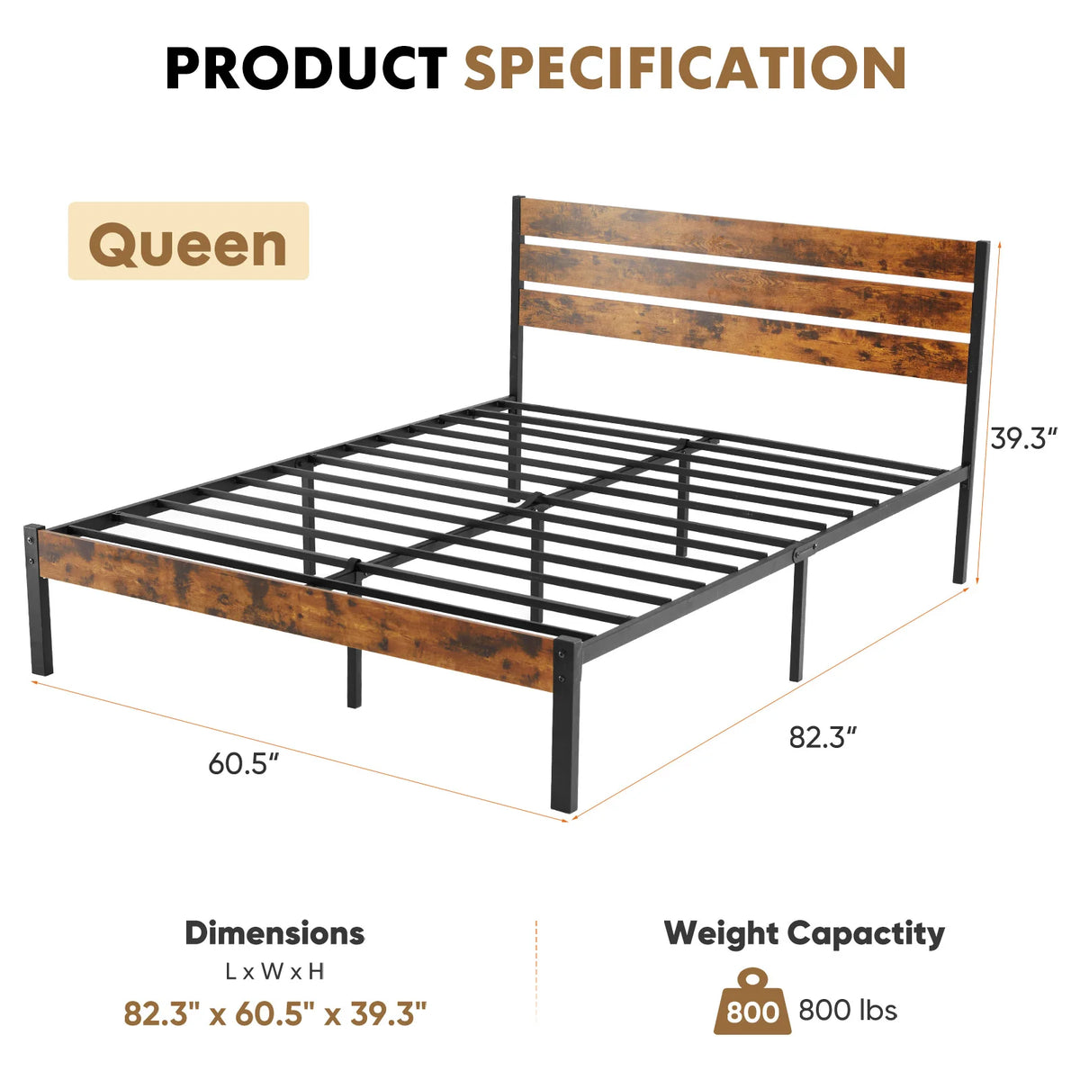 Gleamrise Queen metal platform bed dimension card showing 82.3-inch length, 60.5-inch width, 39.3-inch height and 800 lbs rating