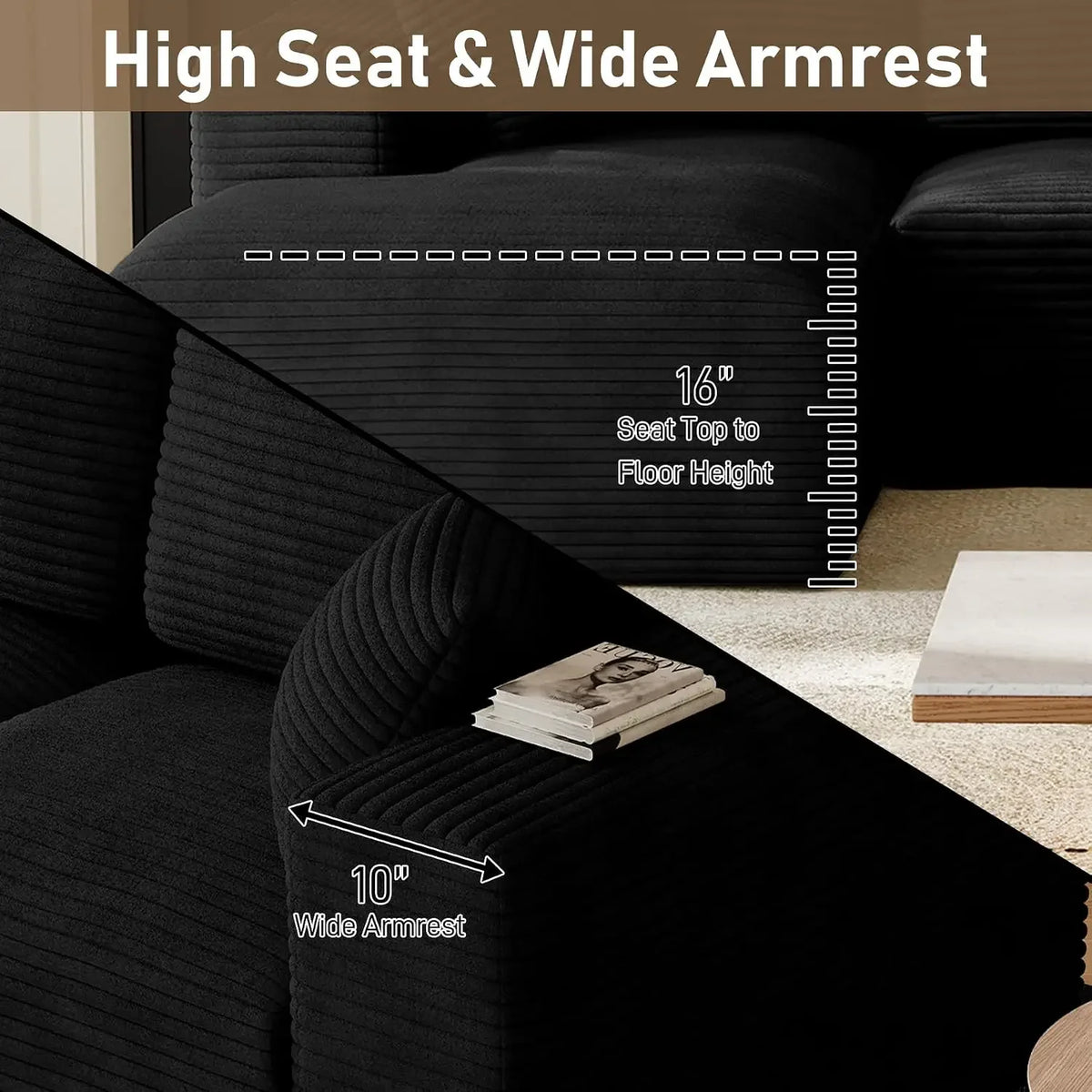 Linvere dark gray corduroy sectional with 16-inch seat height and 10-inch armrest graphic