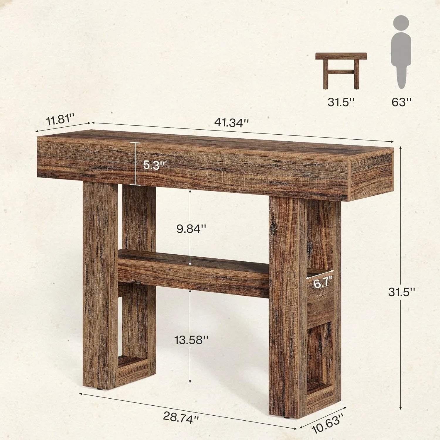 Wooden console table with dimensions on a beige background