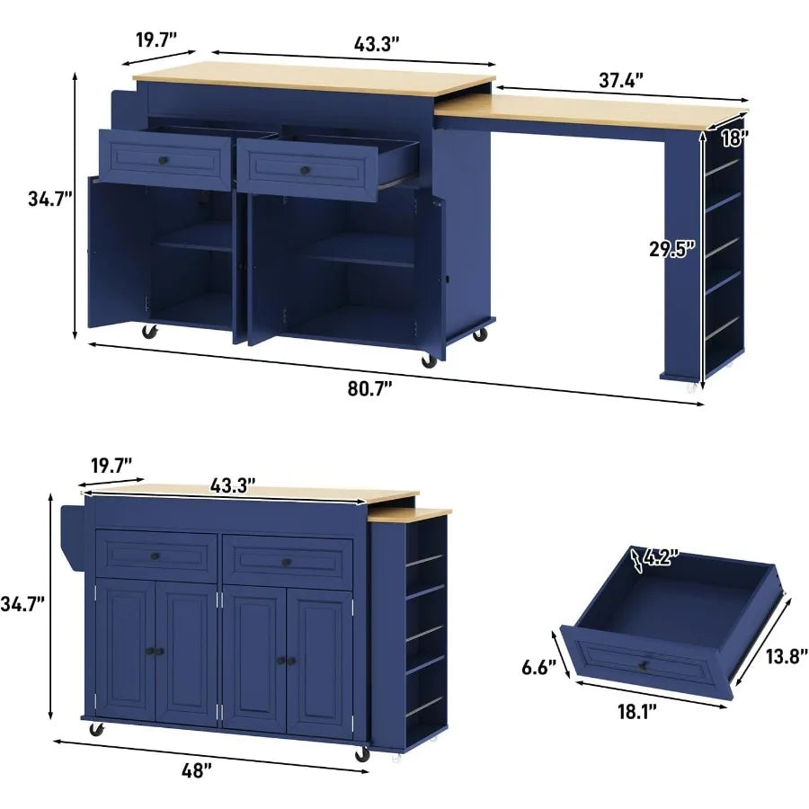 Dimension diagram showing 48-inch compact and 80.7-inch extended overall width