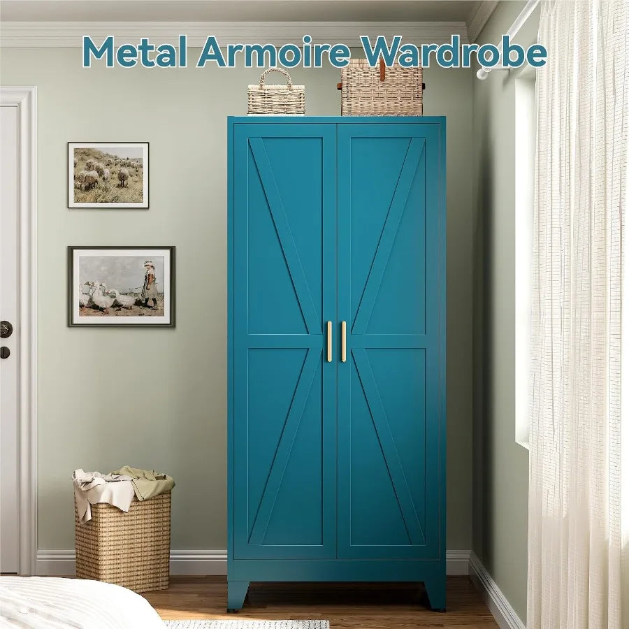 Bedroom view of the tall blue wardrobe with closed decorative doors and slim gold-tone pulls.