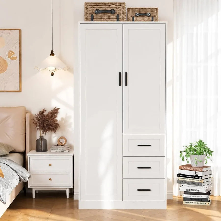 Closed white armoire with a full-height left door, shorter upper-right door, and three lower-right drawers.