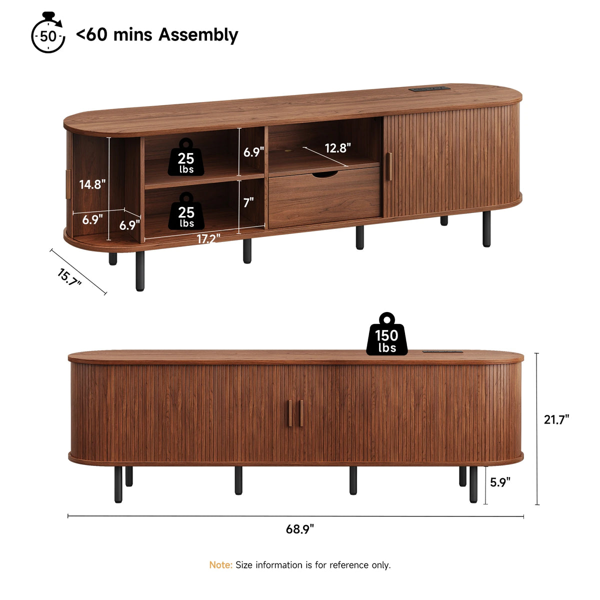 Sunbeamsong size and load diagram with 68.9 by 15.7 by 21.7-inch overall dimensions
