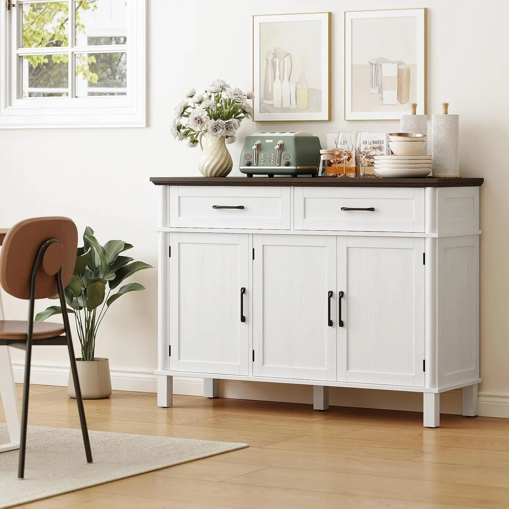 Ivory Reedhalo sideboard styled with a toaster, dishes and flowers beside a dining chair