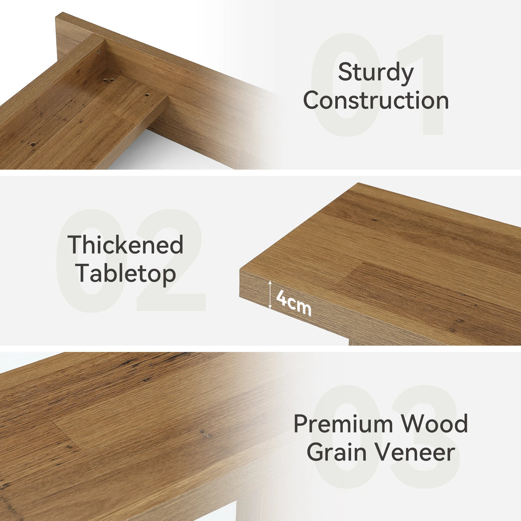 Console table detail graphic showing underside joints, tabletop thickness and a wood-grain veneer label.