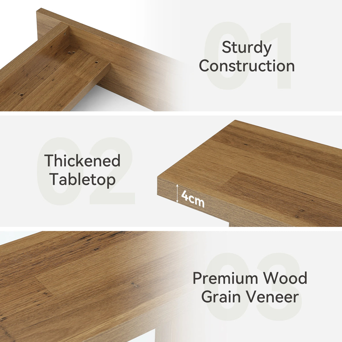 Console table detail graphic showing underside joints, tabletop thickness and a wood-grain veneer label.
