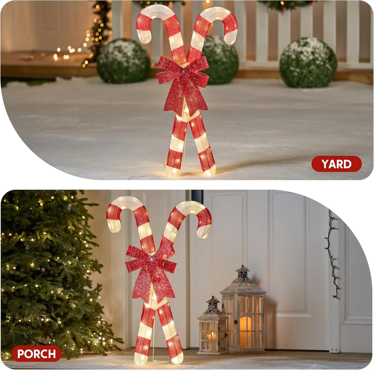 Bowglint lighted candy-cane decoration styled in Christmas yard and porch settings.
