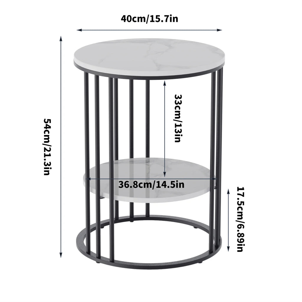 Round side table with dimensions labeled on a white background