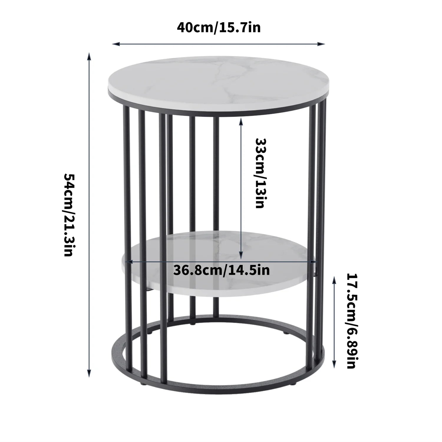 Round side table with dimensions labeled on a white background