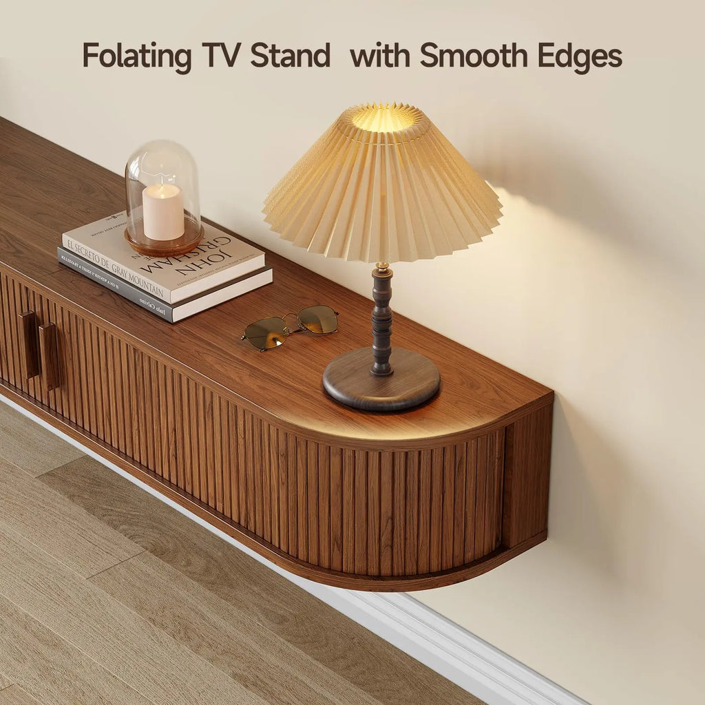 Close view of the walnut-finish cabinet's rounded front corner, wood-grain appearance and fluted doors.