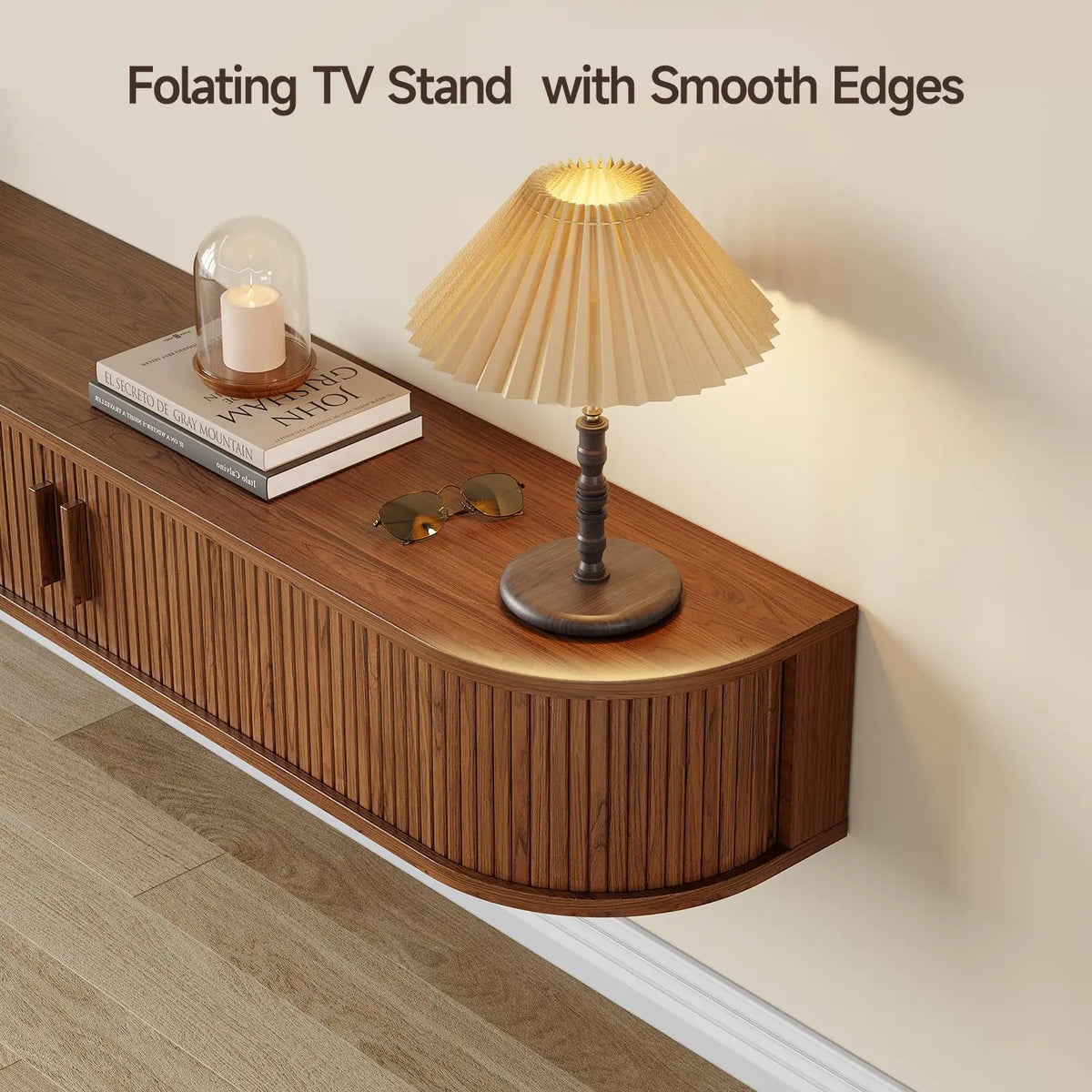 Close view of the walnut-finish cabinet's rounded front corner, wood-grain appearance and fluted doors.
