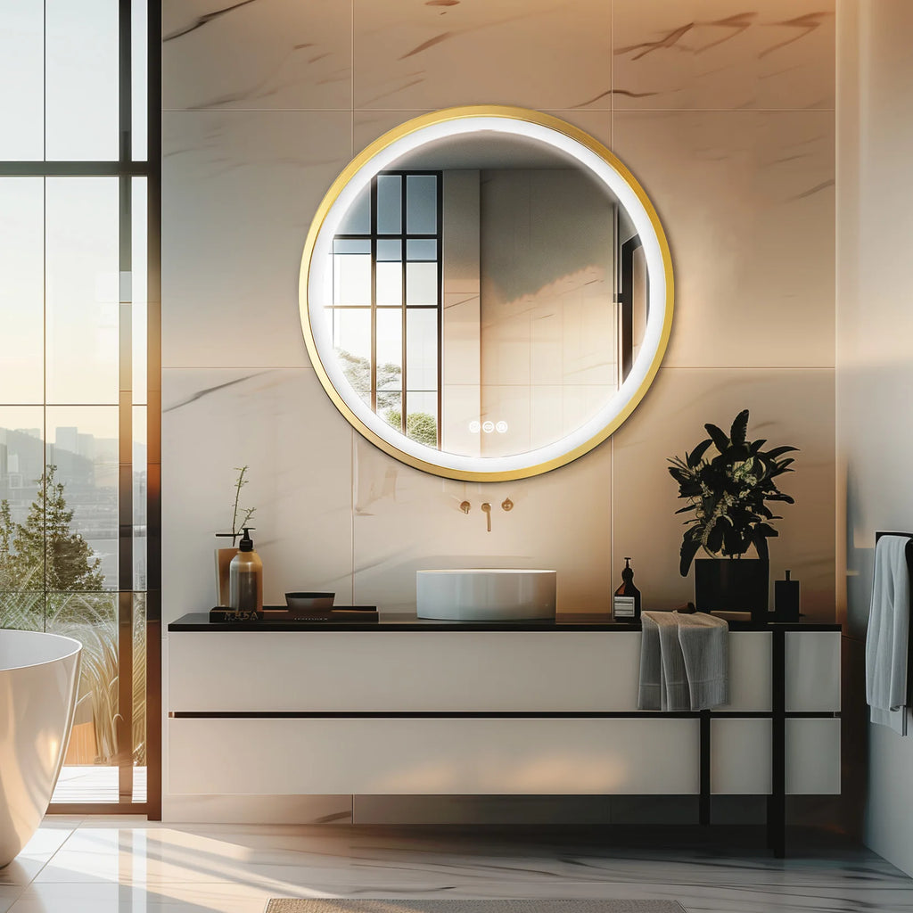 Round LED Bathroom Mirror – Gold Aluminum Frame, Anti-Fog