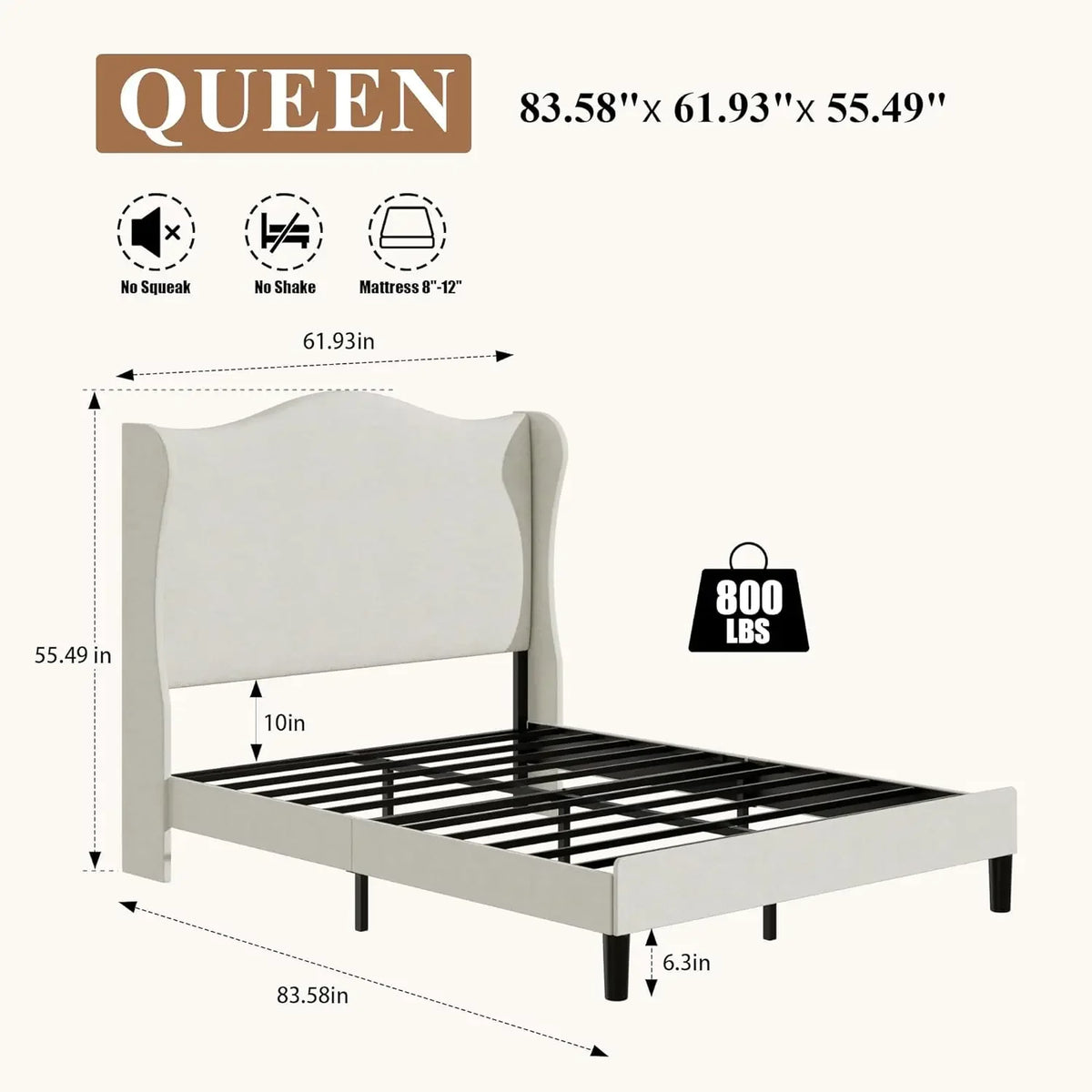 Bellorie Queen platform metal slats and full bed dimension graphic