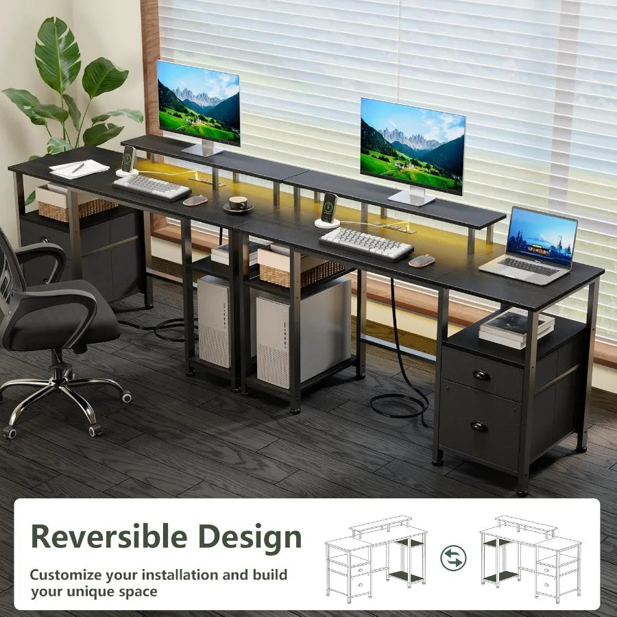 Two separate desks illustrating left- and right-hand reversible layouts