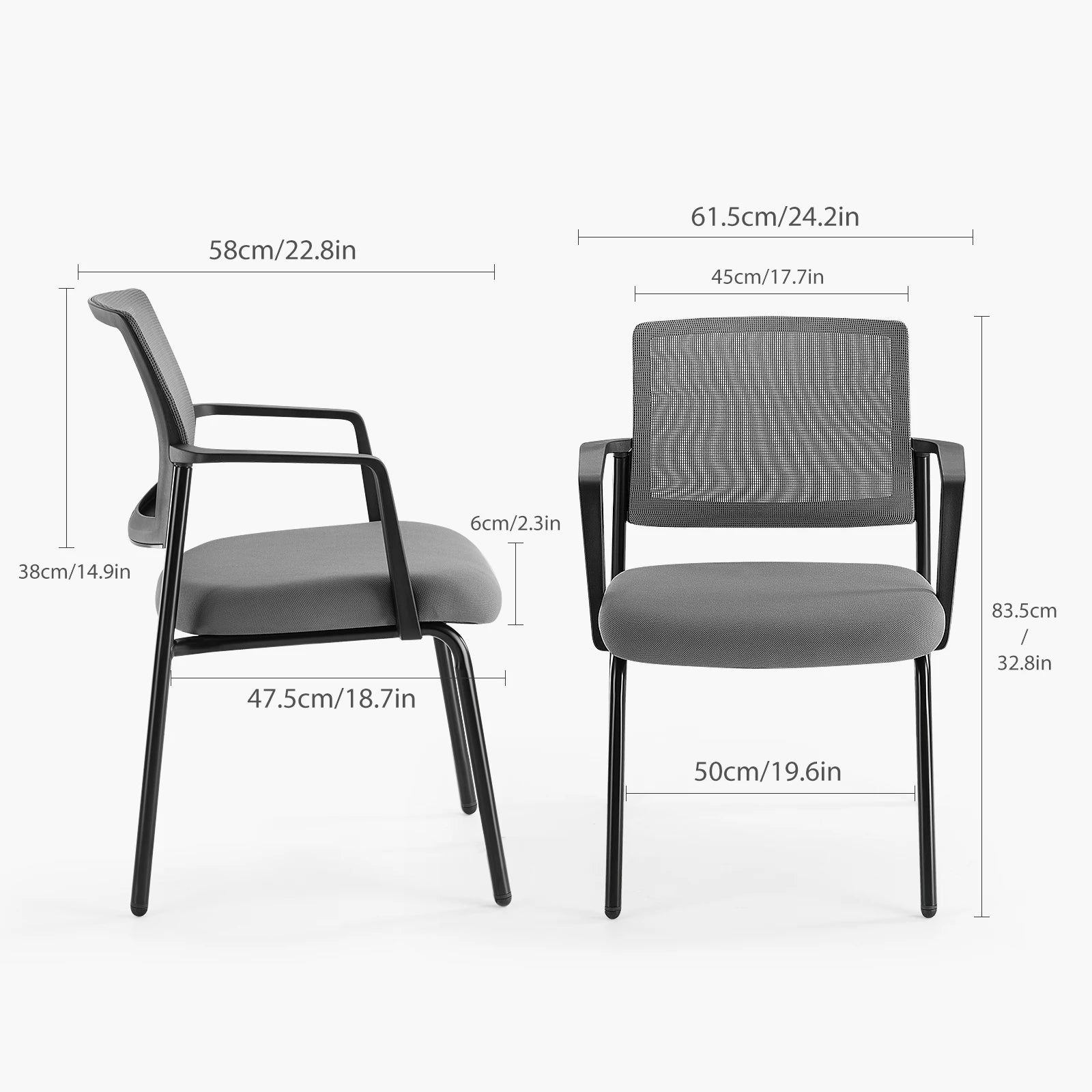 Two chairs with dimensions labeled on a white background