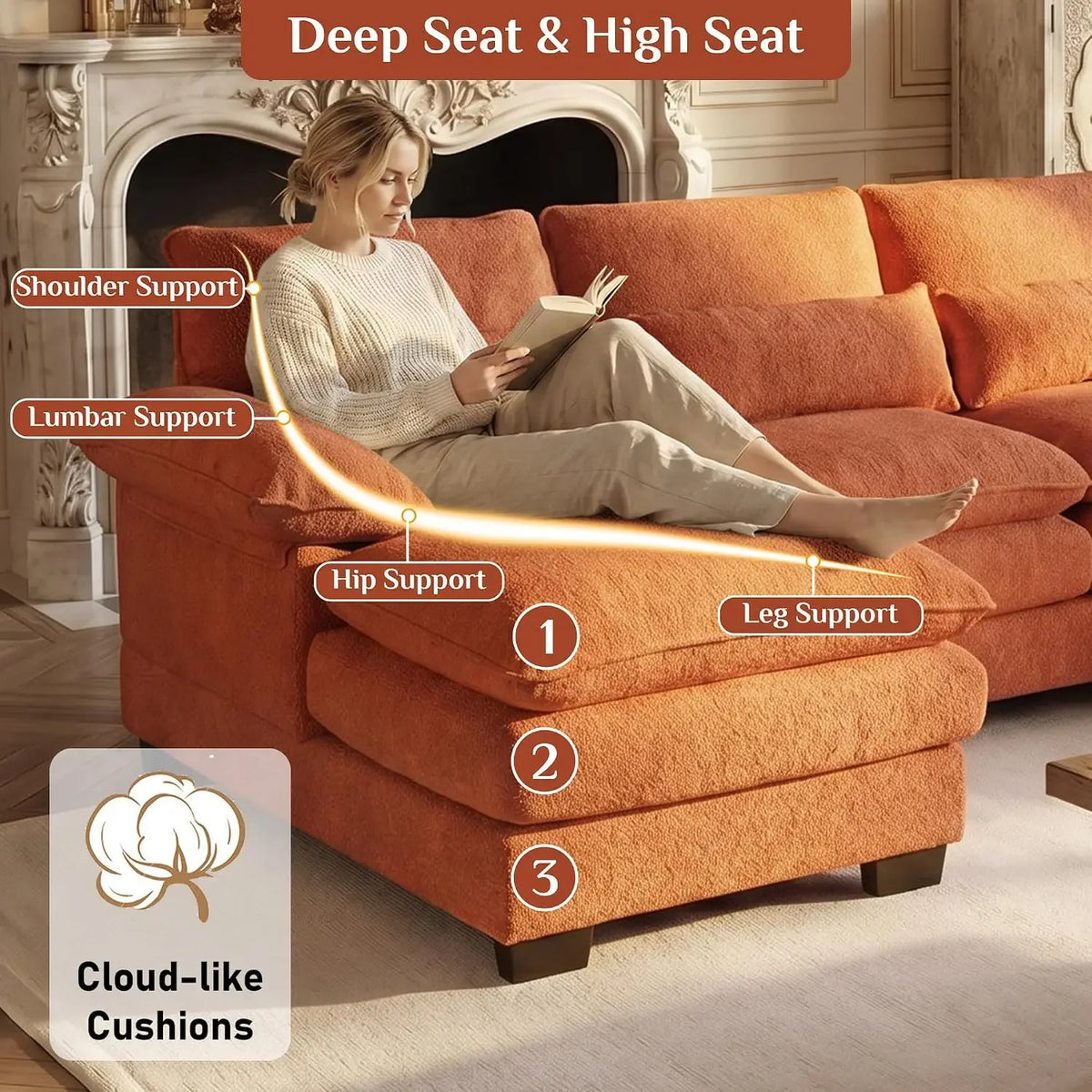 Close view of Orange chenille Halewyn sectional's deep lounge cushion and back support