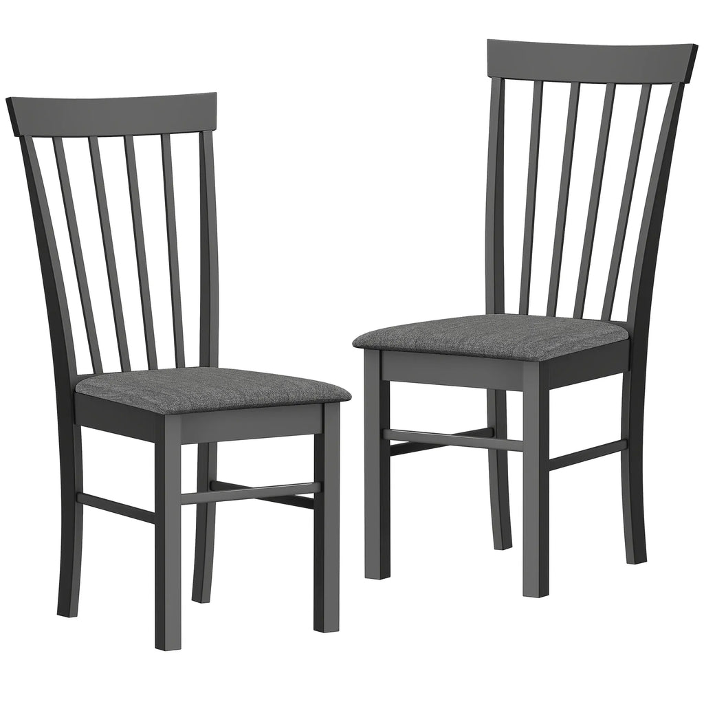 Pair of Novacrest dining chairs with black vertical-slat backs and gray upholstered seats