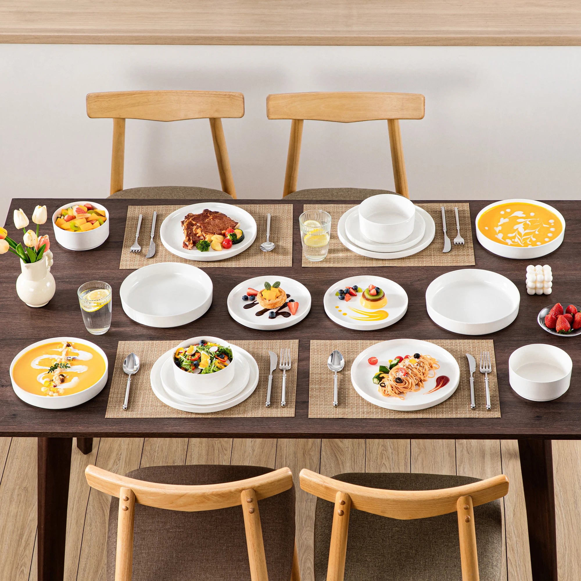 MALACASA Luna Series Ceramic Dinnerware Set - White or Black Rim