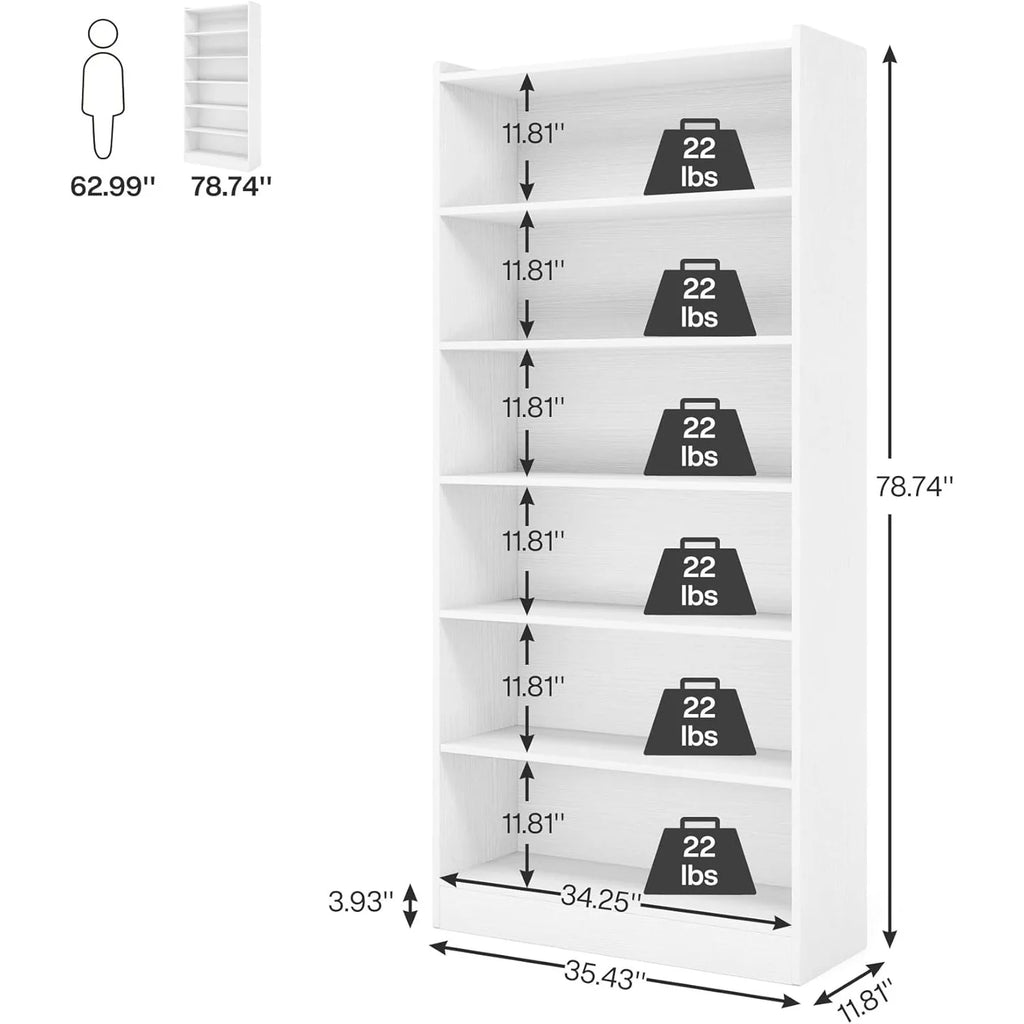 White bookshelf with dimensions and weight information on a white background