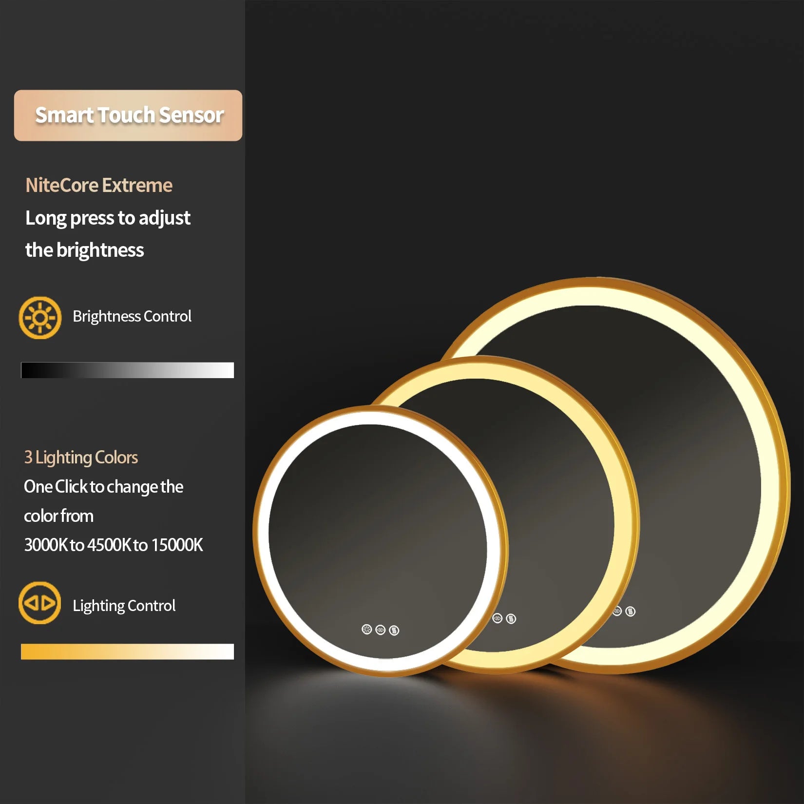Round LED Bathroom Mirror – Gold Aluminum Frame, Anti-Fog