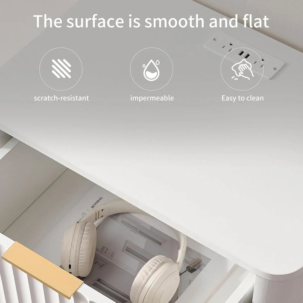 Lucentarc white nightstand with open upper drawer and tabletop charging panel.
