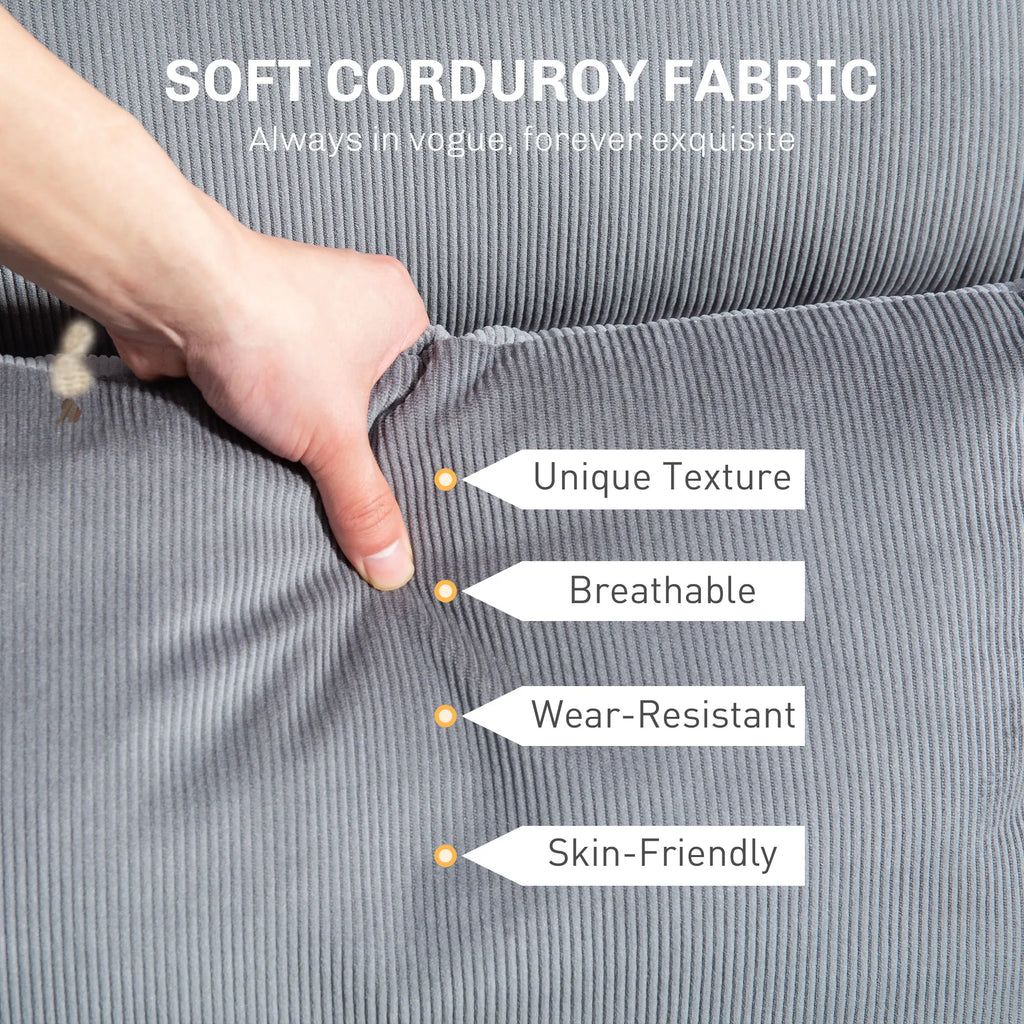 Hand pressing gray ribbed upholstery in a corduroy fabric detail graphic.