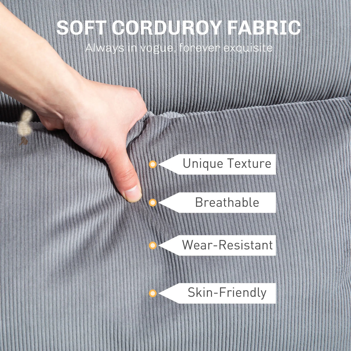 Hand pressing gray ribbed upholstery in a corduroy fabric detail graphic.