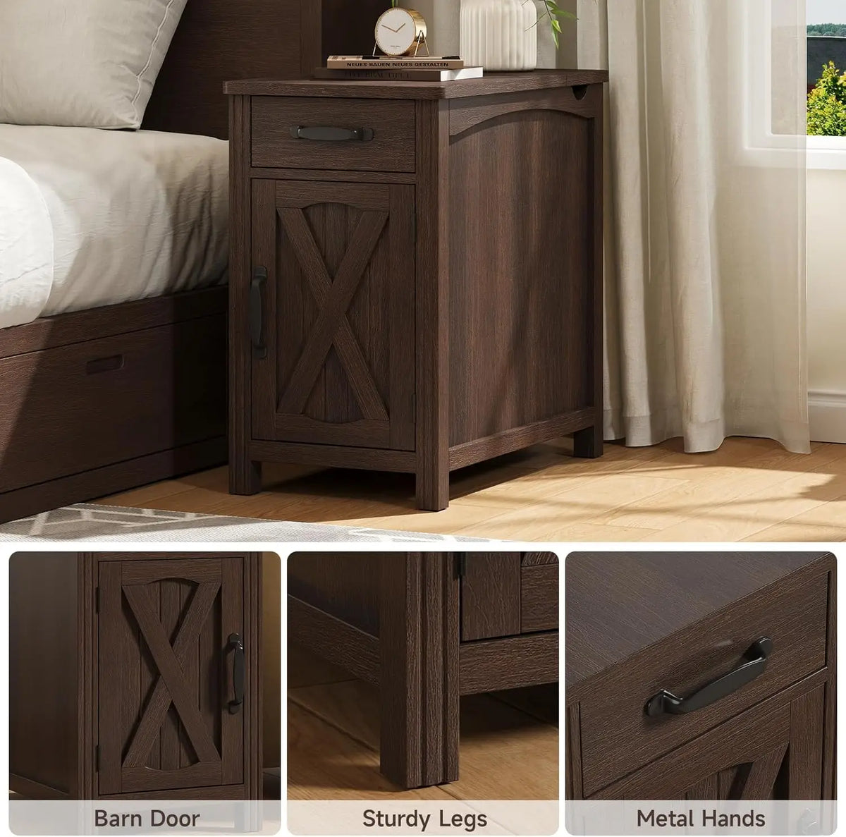 Gossamernote bedside table with X-detail door, four legs and dark metal handles