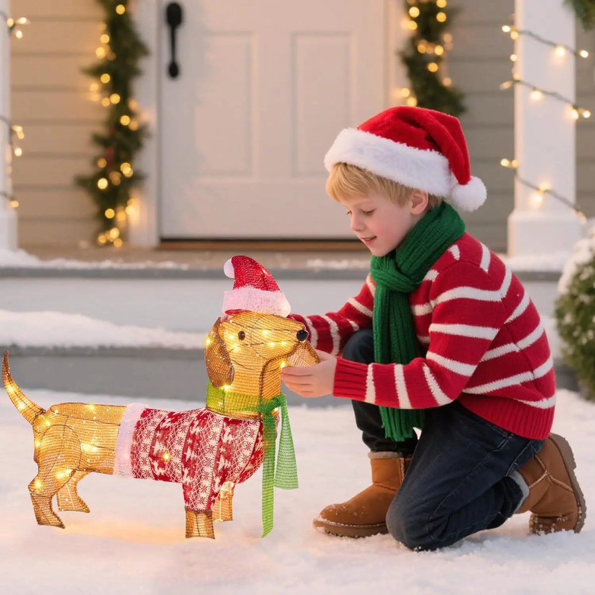 Kipwick child beside the lighted dachshund decoration outside a holiday-decorated entryway