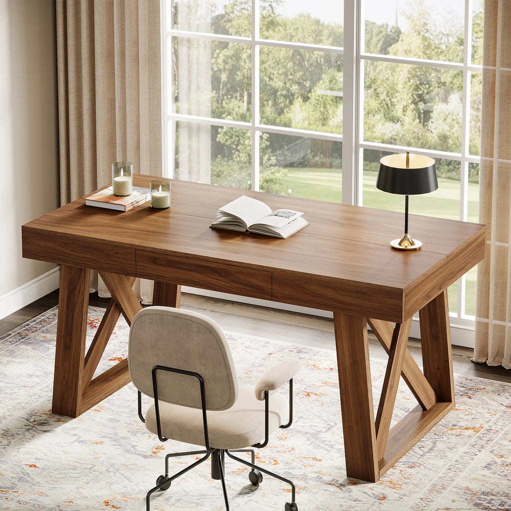 Irisarc walnut-look desk with broad tabletop and cross-braced legs