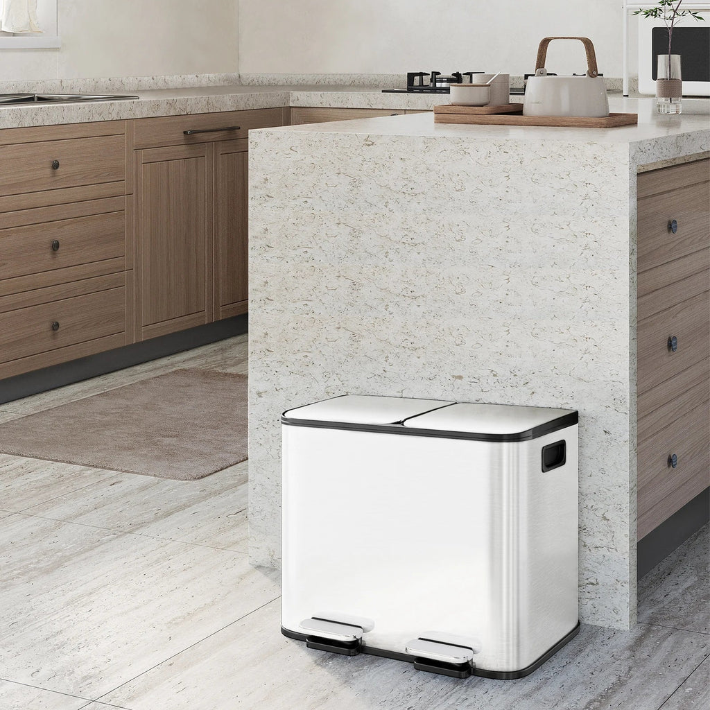 White trash bin with two compartments in a modern kitchen setting