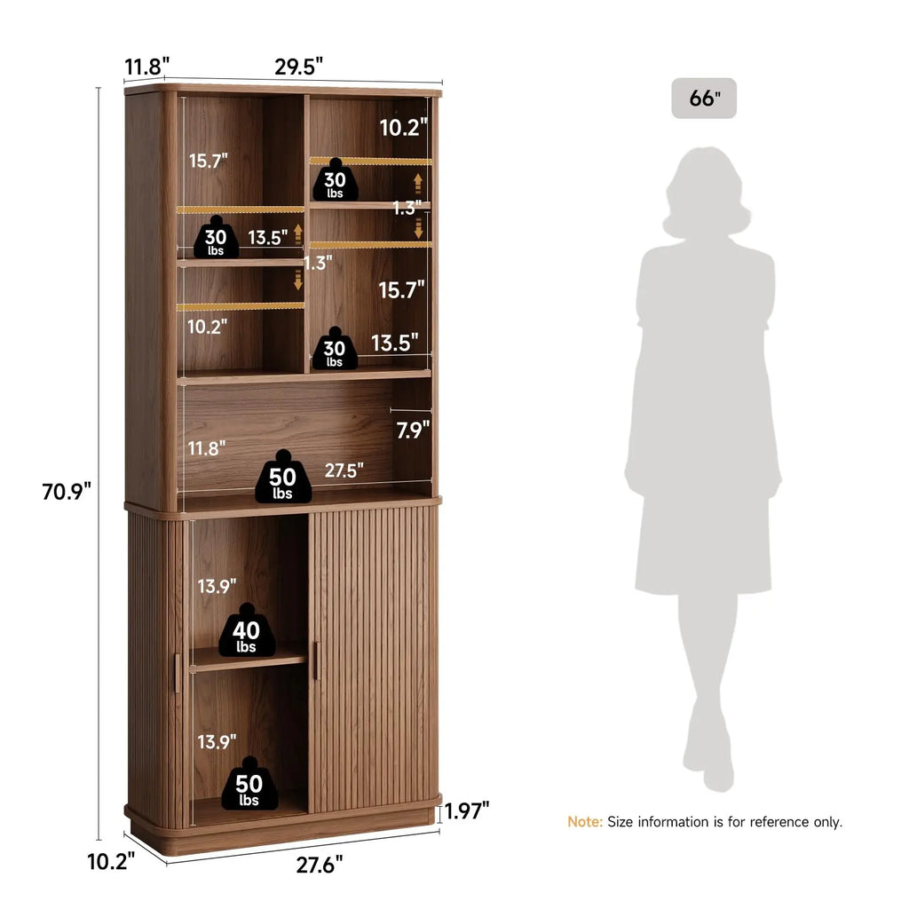 Brown Hushbloom dimension diagram with overall dimensions, adjustable shelves and lower storage levels