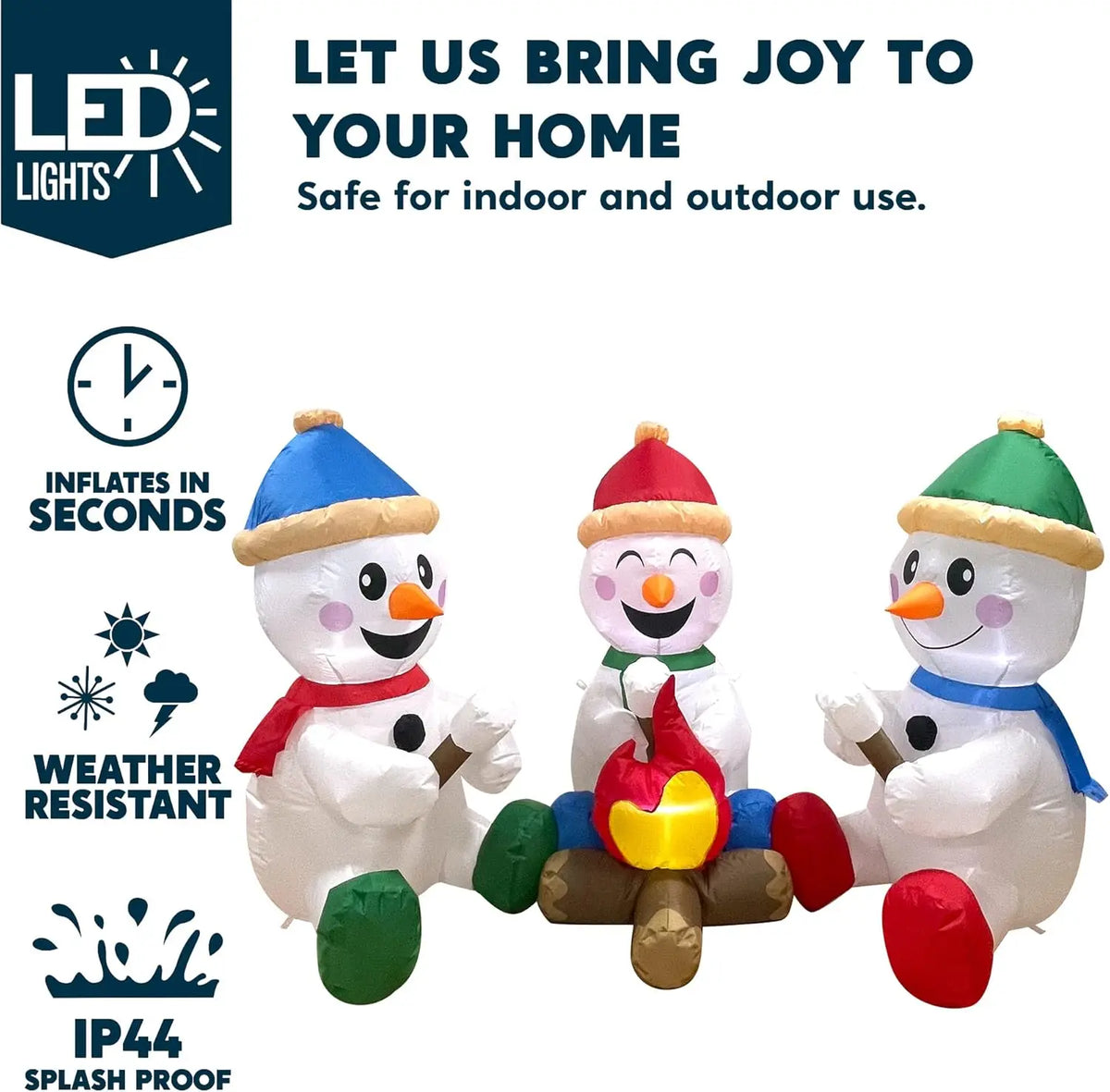 Snowmingle campfire inflatable with LED lighting and outdoor-use feature callouts.