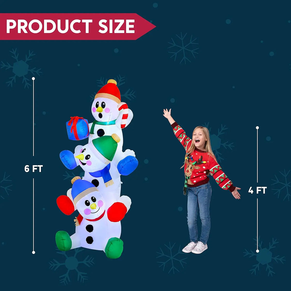 Snowtumble size graphic showing the complete stacked display is approximately six feet tall.