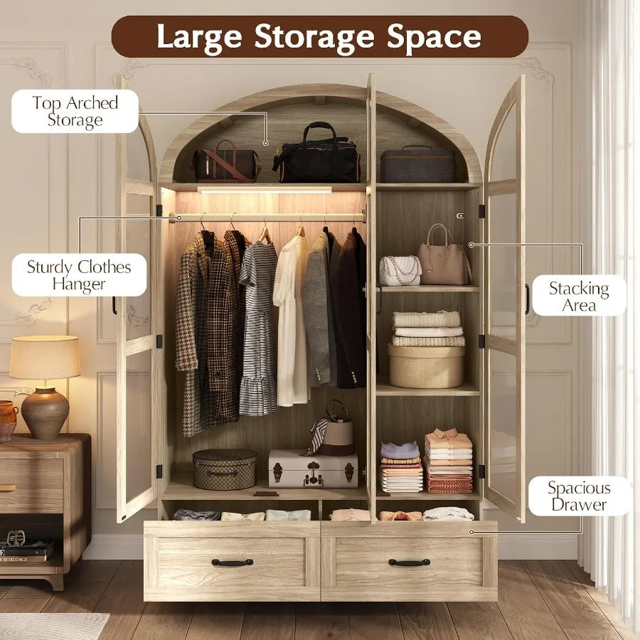 Interior storage diagram showing top bag storage, hanging clothes, shelves and two bottom drawers.