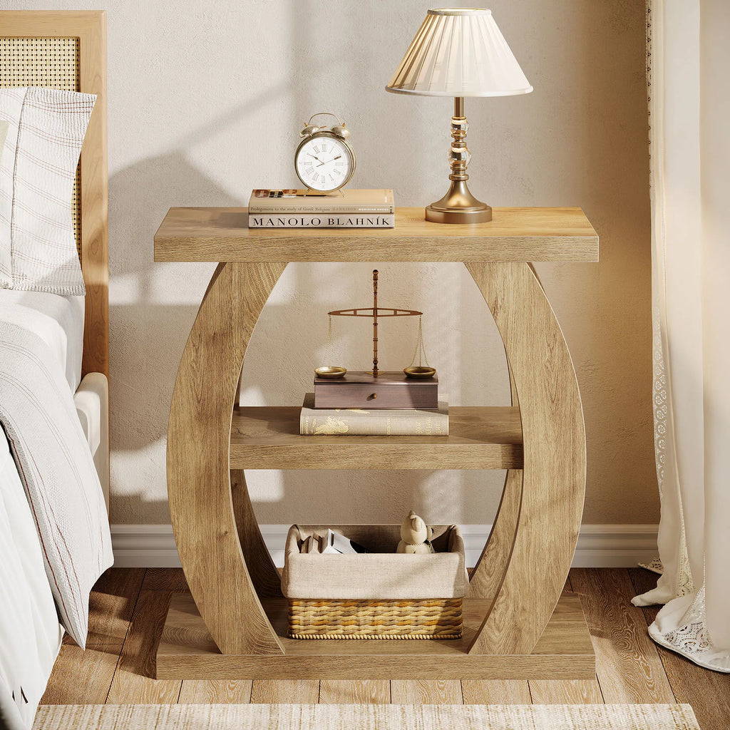 Fernnote three-tier nightstand styled beside a sofa