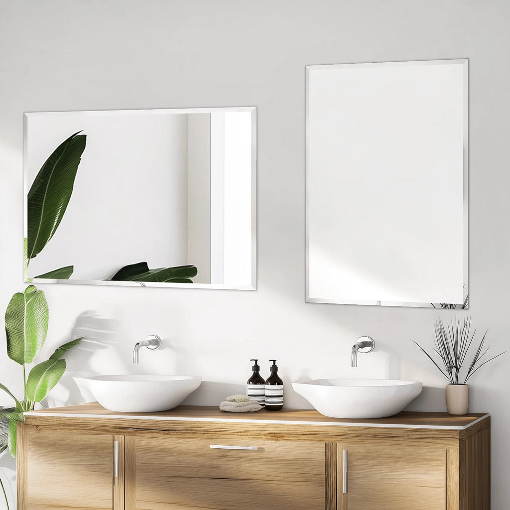 Frameless Beveled Rectangle Wall Mirror – Modern Silver Finish