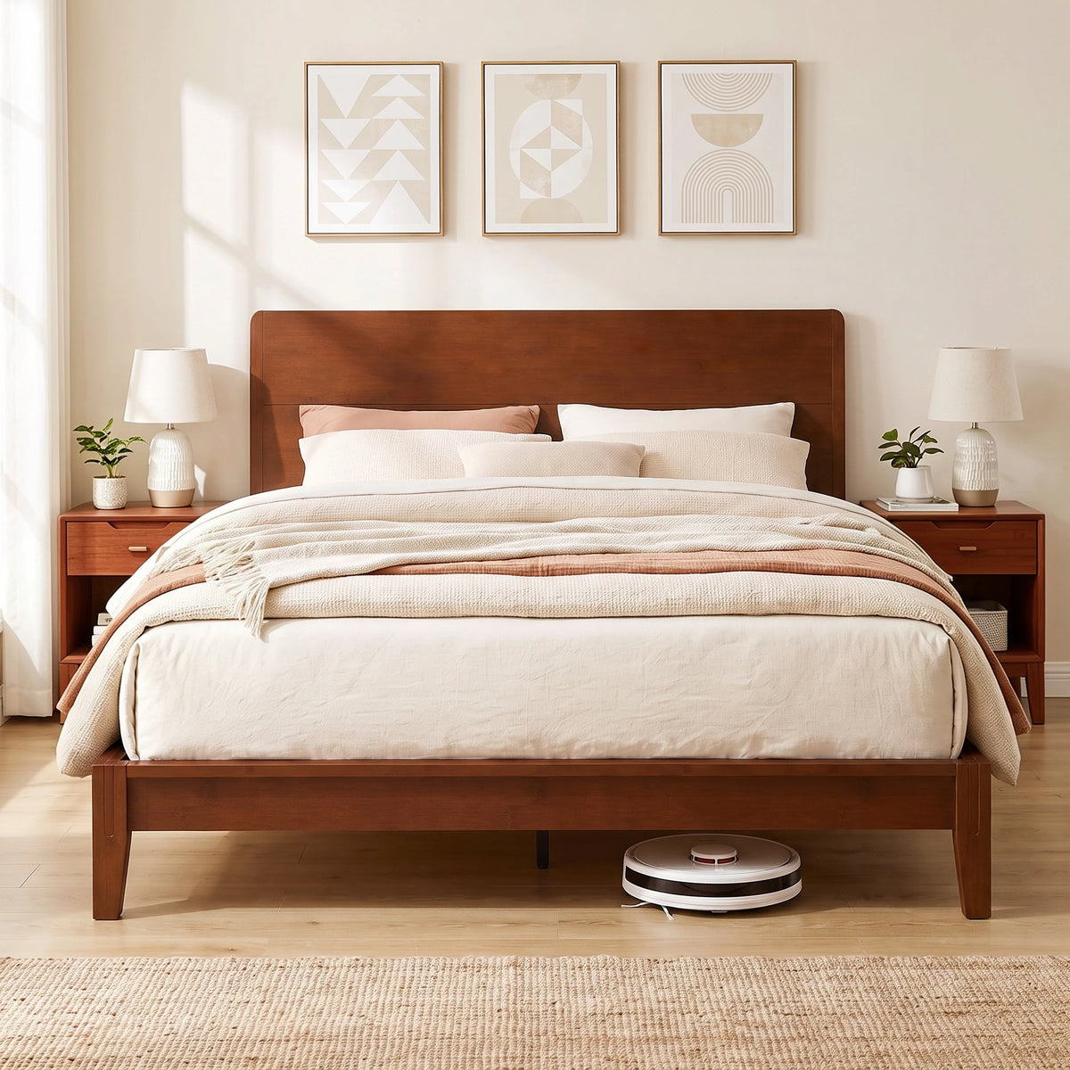 Bambelle queen platform bed with a bamboo headboard in a neutral bedroom