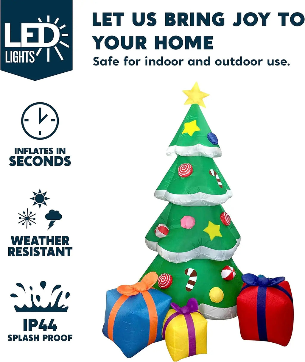 Tinselglow Christmas tree inflatable overview with LED lighting and setup feature callouts.