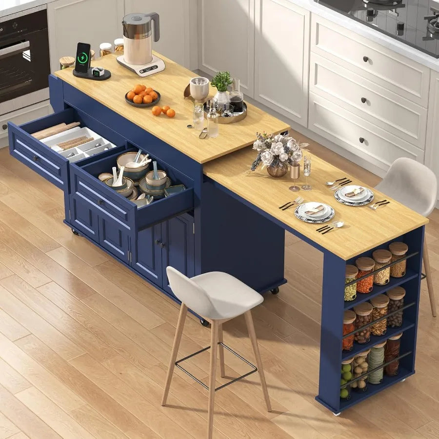 Blue rolling kitchen island with extended dining surface and two open drawers