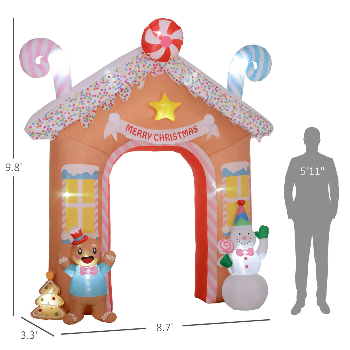 Gingerlane archway dimension guide showing 8.7 ft width, 3.3 ft depth, and 9.8 ft height
