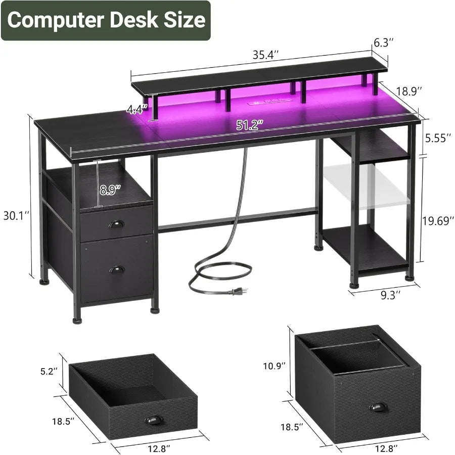 Measurements for the desk, 35.4-inch monitor shelf and fabric drawers