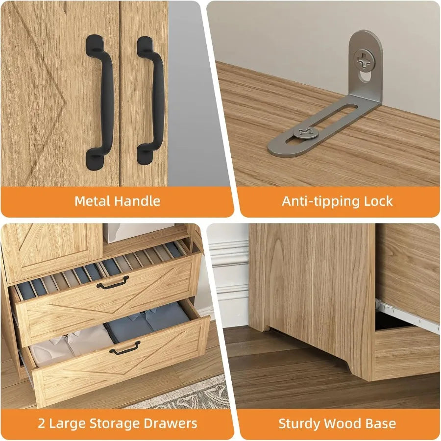 Close-ups of the wardrobe pulls, wall-attachment fitting, open drawers, and wood-look base.