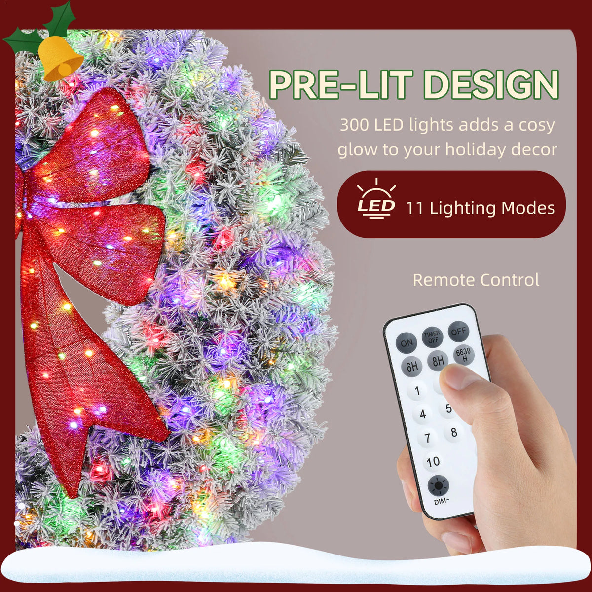 Frostbow pre-lit wreath with 300 LEDs, 11 lighting modes, and remote control