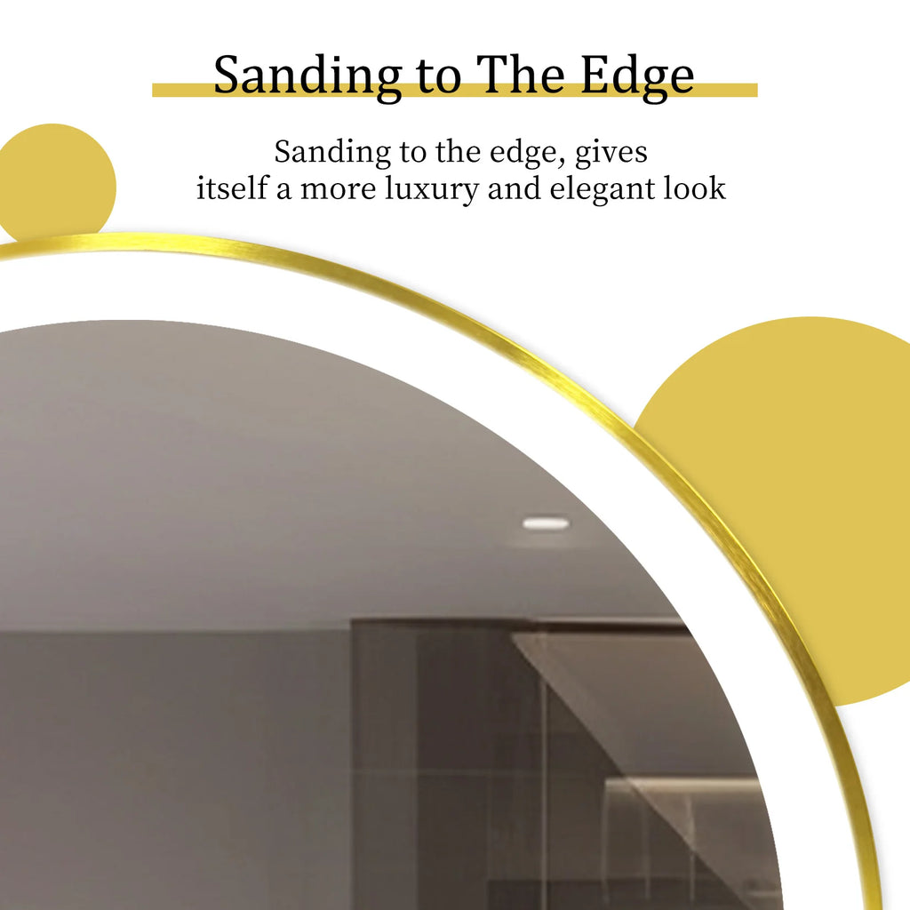 Round LED Bathroom Mirror – Gold Aluminum Frame, Anti-Fog