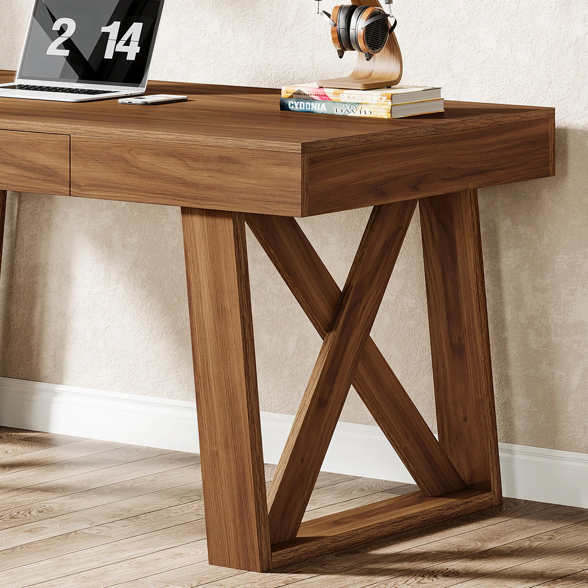 Irisarc X-braced side leg assembly and wood-grain desktop detail