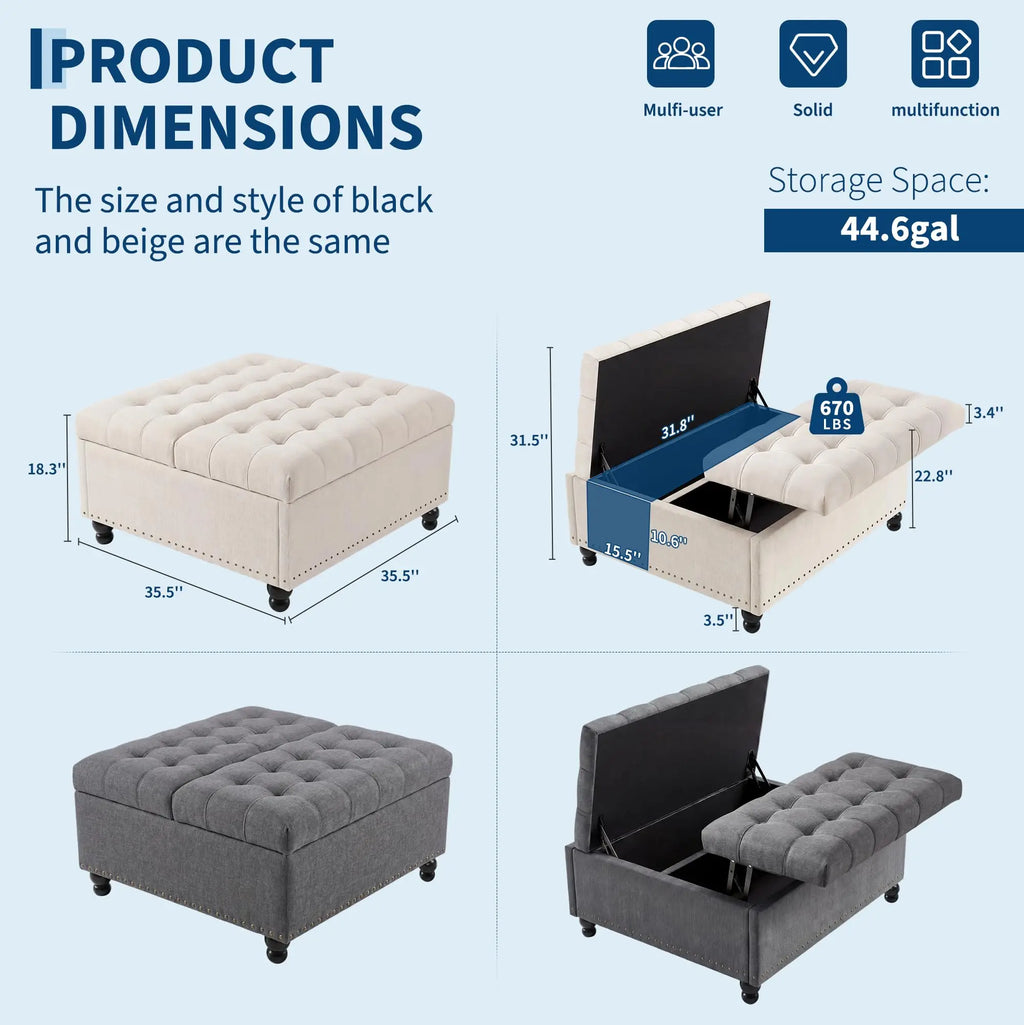 Dimensions and storage capacity of a tufted ottoman with storage space on a blue background.