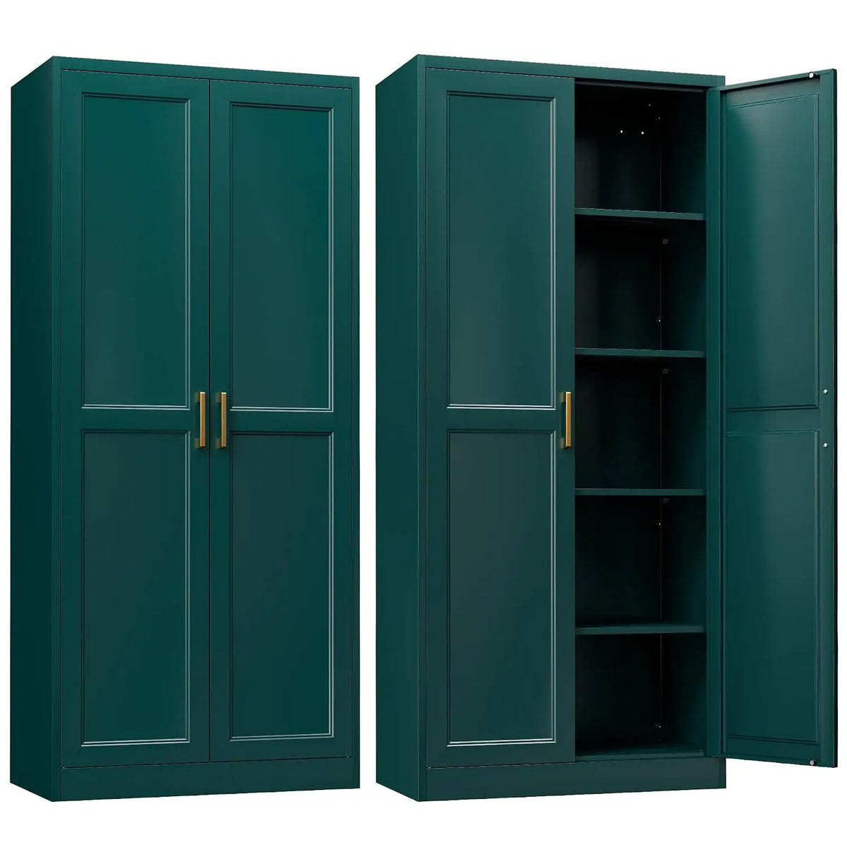 Evrienne Green variant with paneled doors, gold-tone handles and four interior shelves